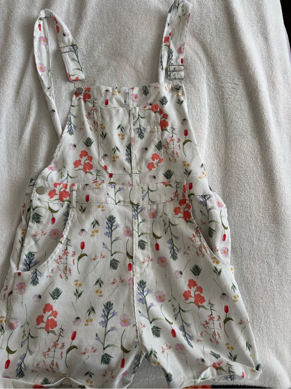 Cider White Floral Short Overalls with Coral and Lavender Accents